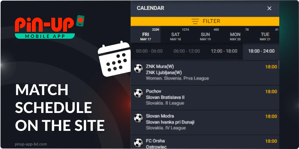 Sports events calendar in the Pin Up Bet app