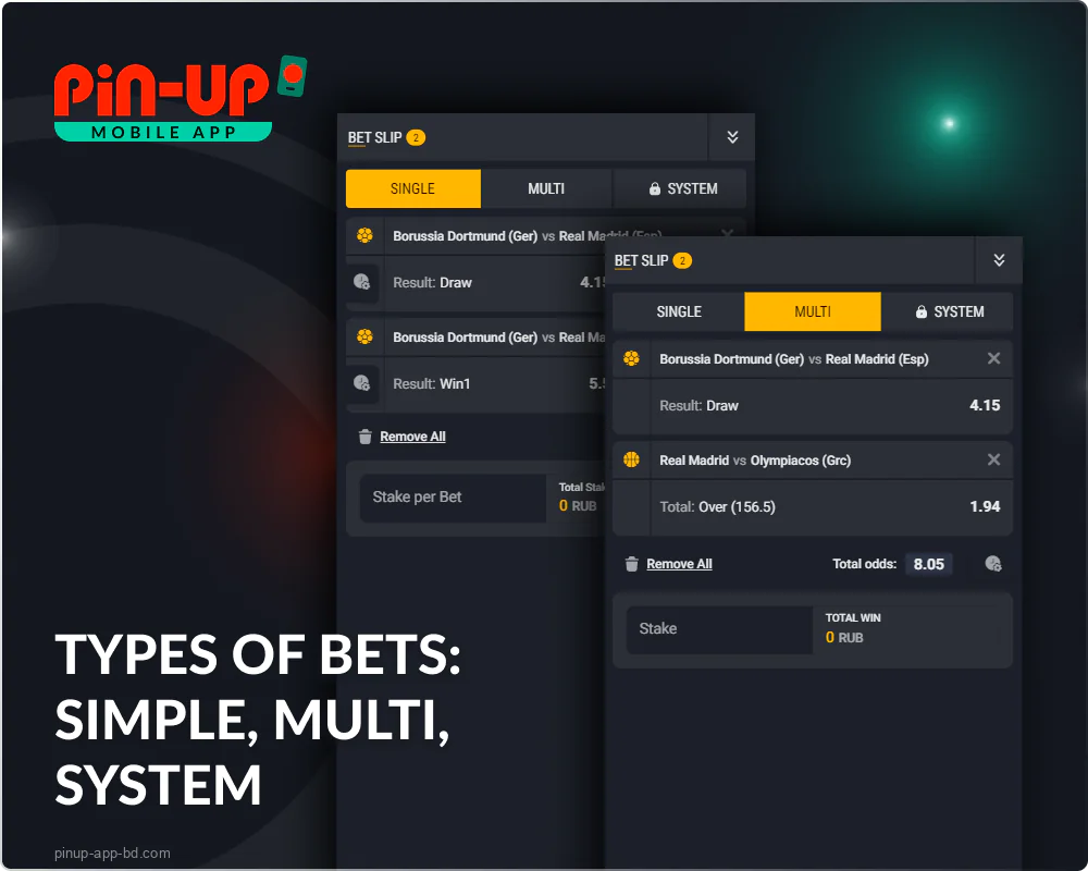 Types of bets in the Pin Up Bet app